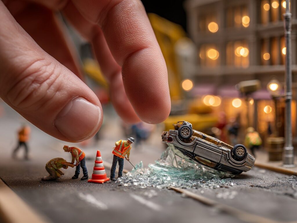 kfz unfallschaden management: Hand greift nach einem beschädigten Fahrzeug, Spielzeugszene, Symbolbild