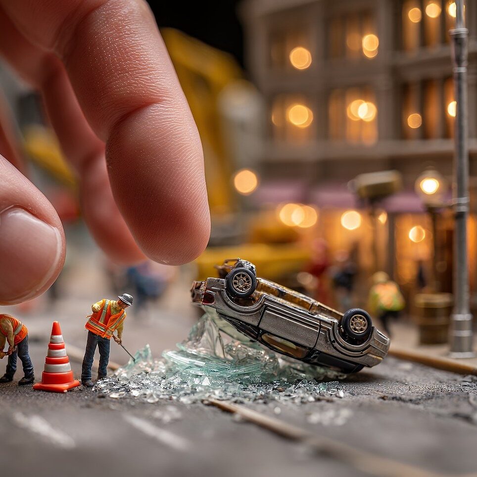 kfz unfallschaden management: Hand greift nach einem beschädigten Fahrzeug, Spielzeugszene, Symbolbild